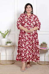 Plus Size Red Floral Print Flared Long Kurta-400069